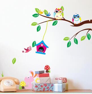 Cartoon Uilen Vogel Tak Bloemen Muurstickers Voor Kinderkamer Woonkamer Nursery 3D Home Decor Vinyl Pvc Achtergrond Stickers muurschildering