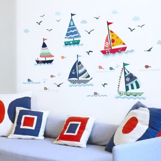 Cartoon Zeilboot Met Zee View Muursticker Voor Kinderen Kamers Woondecoratie Glas Venster Achtergrond Mural Decals Poster Stickers