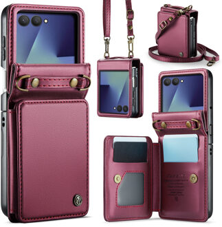 Caseme Samsung Galaxy Z Flip 7 PU Leren Backcover hoesje met kaarthouder - Rood