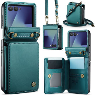 Caseme Samsung Galaxy Z Flip 7 PU Leren Backcover hoesje met kaarthouder - Turquoise Blauw, Groen