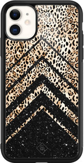 Casimoda iPhone 11 glazen hardcase - Chevron luipaard Zwart, Bruin/beige