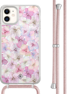 Casimoda iPhone 11 hoesje met rosegoud koord - Floral hortensia Paars