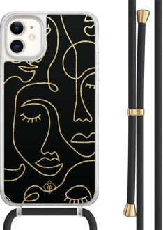 Casimoda iPhone 11 hoesje met zwart koord - Abstract faces Zwart, Goudkleurig