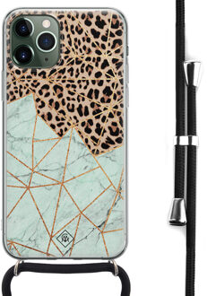 Casimoda iPhone 11 Pro hoesje met koord - Crossbody - Luipaard marmer mint Bruin/beige
