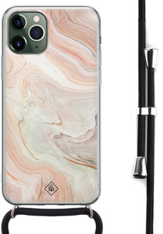 Casimoda iPhone 11 Pro hoesje met koord - Crossbody - Marmer waves Bruin/beige