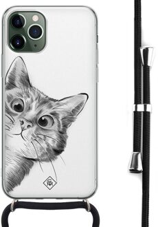 Casimoda iPhone 11 Pro Max hoesje met koord - Crossbody - Kiekeboe kat Wit
