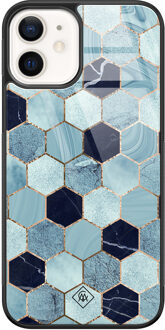 Casimoda iPhone 12 glazen hardcase - Blue cubes Blauw