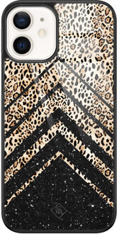 Casimoda iPhone 12 glazen hardcase - Chevron luipaard Zwart, Bruin/beige