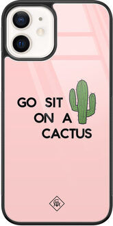 Casimoda iPhone 12 glazen hardcase - Go sit on a cactus Roze