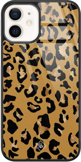Casimoda iPhone 12 glazen hardcase - Jungle wildcat Bruin/beige