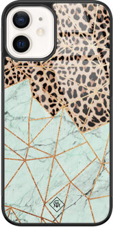 Casimoda iPhone 12 glazen hardcase - Luipaard marmer mint Bruin/beige, Blauw