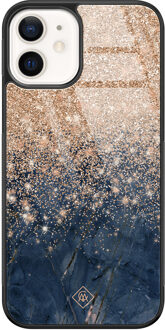 Casimoda iPhone 12 glazen hardcase - Marmer blauw rosegoud Rosekleurig