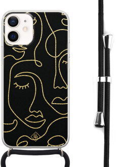 Casimoda iPhone 12 mini hoesje met koord - Abstract faces Zwart, Goudkleurig