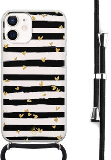 Casimoda iPhone 12 mini hoesje met koord - Hart streepjes Zwart, Goudkleurig