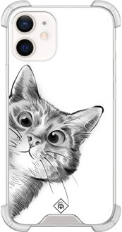 Casimoda iPhone 12 mini shockproof hoesje - Kat kiekeboe Grijs/zilverkleurig