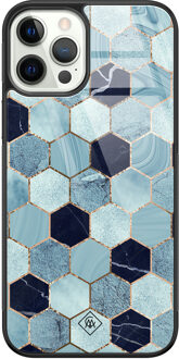 Casimoda iPhone 12 Pro glazen hardcase - Blue cubes Blauw