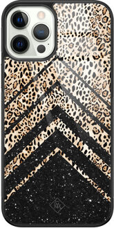 Casimoda iPhone 12 Pro glazen hardcase - Chevron luipaard Zwart, Bruin/beige