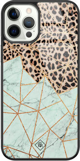 Casimoda iPhone 12 Pro glazen hardcase - Luipaard marmer mint Bruin/beige, Blauw