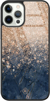 Casimoda iPhone 12 Pro glazen hardcase - Marmer blauw rosegoud Rosekleurig