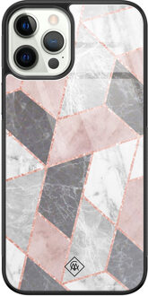 Casimoda iPhone 12 Pro glazen hardcase - Stone grid Roze