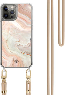 Casimoda iPhone 12 (Pro) hoesje met beige koord - Marmer waves Bruin/beige