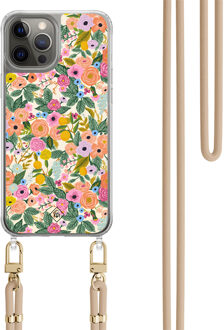 Casimoda iPhone 12 (Pro) hoesje met beige koord - Pink garden Bruin/beige