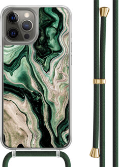 Casimoda iPhone 12 (Pro) hoesje met groen koord - Green waves Zwart