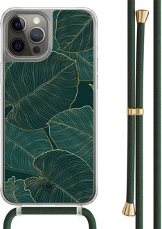 Casimoda iPhone 12 (Pro) hoesje met groen koord - Monstera leaves Zwart, Goudkleurig