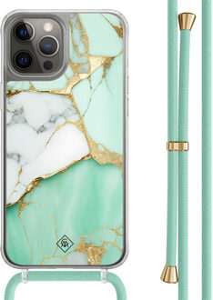 Casimoda iPhone 12 (Pro) hoesje met mint koord - Marmer mintgroen