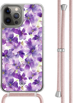 Casimoda iPhone 12 (Pro) hoesje met rosegoud koord - Floral violet Paars