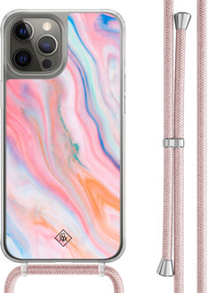 Casimoda iPhone 12 (Pro) hoesje met rosegoud koord - Pink glam Roze