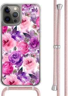 Casimoda iPhone 12 (Pro) hoesje met rosegoud koord - Rosy blooms Paars