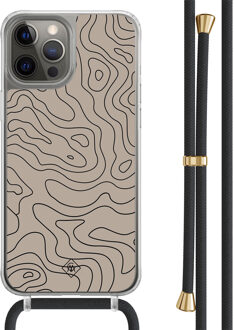 Casimoda iPhone 12 (Pro) hoesje met zwart koord - Abstract lines Bruin/beige
