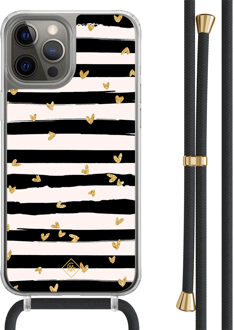 Casimoda iPhone 12 (Pro) hoesje met zwart koord - Hart streepjes Zwart, Goudkleurig