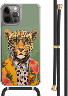 Casimoda iPhone 12 (Pro) hoesje met zwart koord - Luipaard hipster Multi
