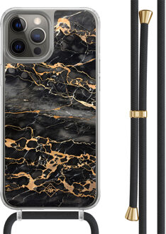 Casimoda iPhone 12 (Pro) hoesje met zwart koord - Marmer grijs brons Grijs/zilverkleurig