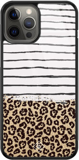 Casimoda iPhone 12 Pro Max glazen hardcase - Leopard lines Bruin/beige