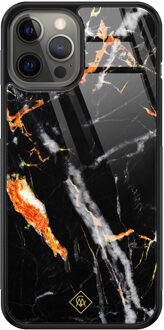 Casimoda iPhone 12 Pro Max glazen hardcase - Marmer zwart oranje