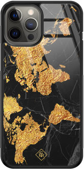 Casimoda iPhone 12 Pro Max glazen hardcase - Wereldkaart Goudkleurig