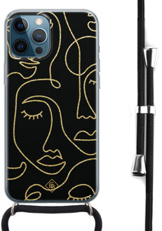 Casimoda iPhone 12 Pro Max hoesje met koord - Abstract faces Zwart, Goudkleurig