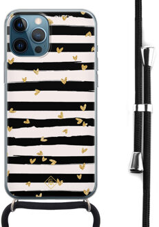 Casimoda iPhone 12 Pro Max hoesje met koord - Hart streepjes Zwart, Goudkleurig