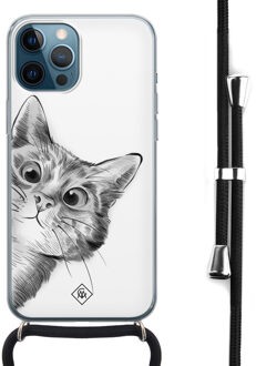Casimoda iPhone 12 Pro Max hoesje met koord - Kiekeboe kat Wit