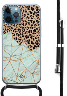 Casimoda iPhone 12 Pro Max hoesje met koord - Luipaard marmer mint Bruin/beige