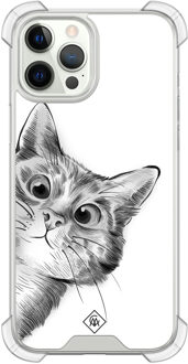 Casimoda iPhone 12 (Pro) siliconen shockproof hoesje - Kat kiekeboe Wit