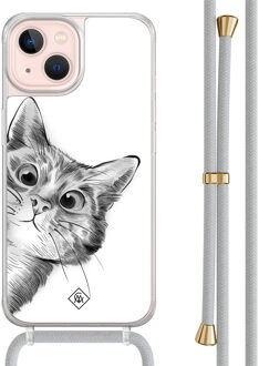 Casimoda iPhone 13 hoesje met grijs koord - Peekaboo kat Wit