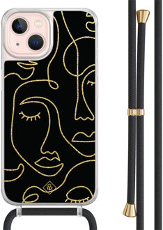 Casimoda iPhone 13 hoesje met zwart koord - Abstract faces Zwart, Goudkleurig