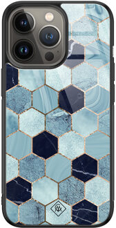 Casimoda iPhone 13 Pro glazen hardcase - Blue cubes Blauw