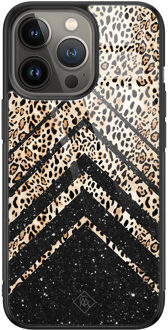 Casimoda iPhone 13 Pro glazen hardcase - Chevron luipaard Zwart, Bruin/beige