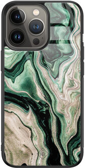 Casimoda iPhone 13 Pro glazen hardcase - Green waves Groen