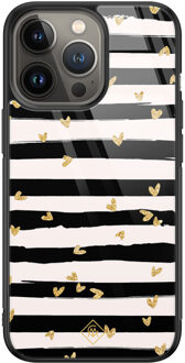 Casimoda iPhone 13 Pro glazen hardcase - Hart streepjes Zwart